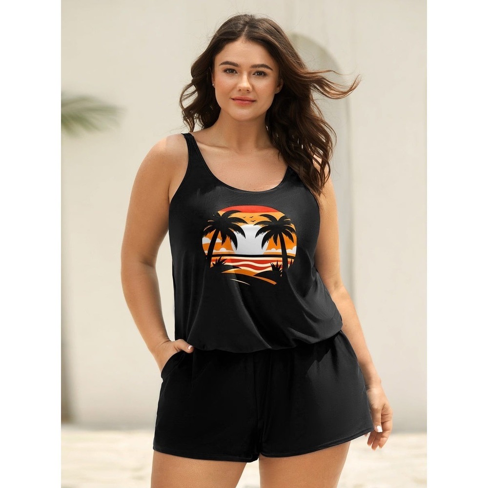 NEW Bloomchic Black 18-20 / 2X  Romper Island Pattern Pockets One-Piece Swimsuit